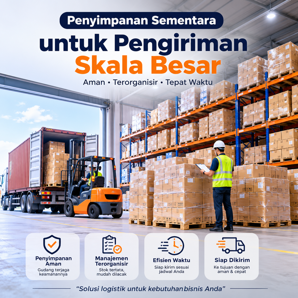 Penyimpanan sementara untuk pengiriman skala besar di gudang logistik modern